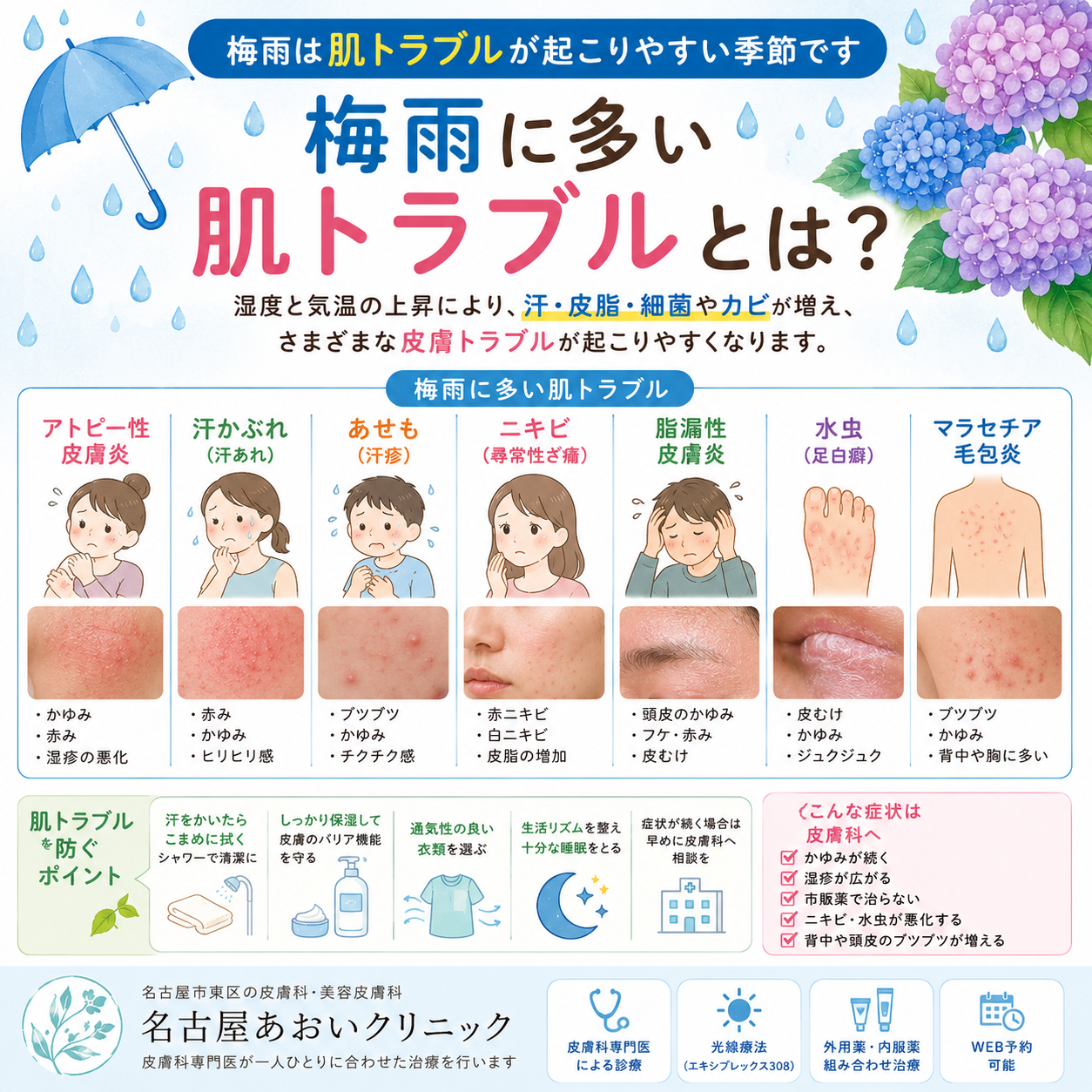梅雨に多い肌トラブルとは？湿気や汗で悪化する皮膚疾患と対策を皮膚科医が解説