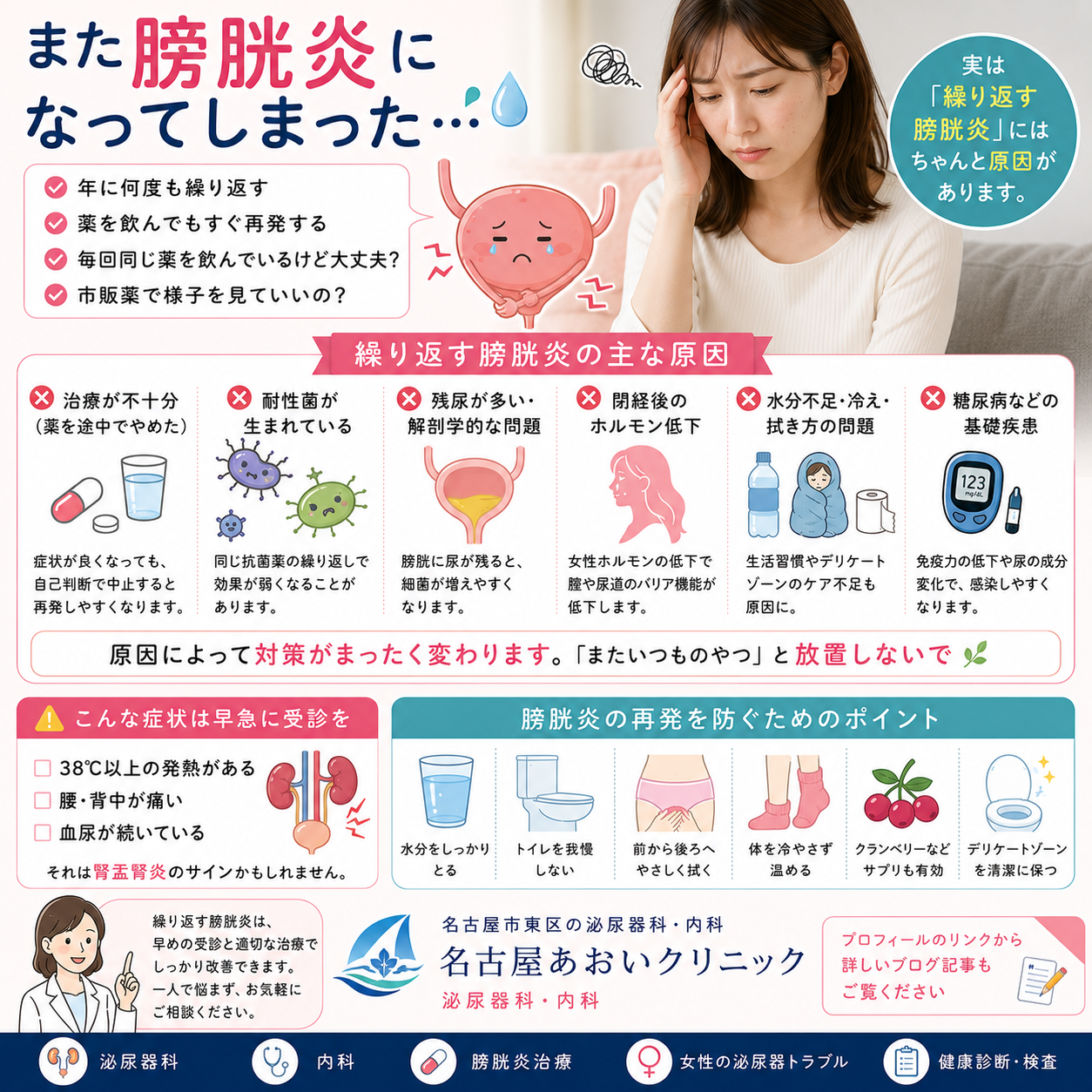 繰り返す膀胱炎を予防するには？原因・治療・再発防止策を名古屋あおいクリニック（名古屋市東区・泌尿器科・内科）が詳しく解説