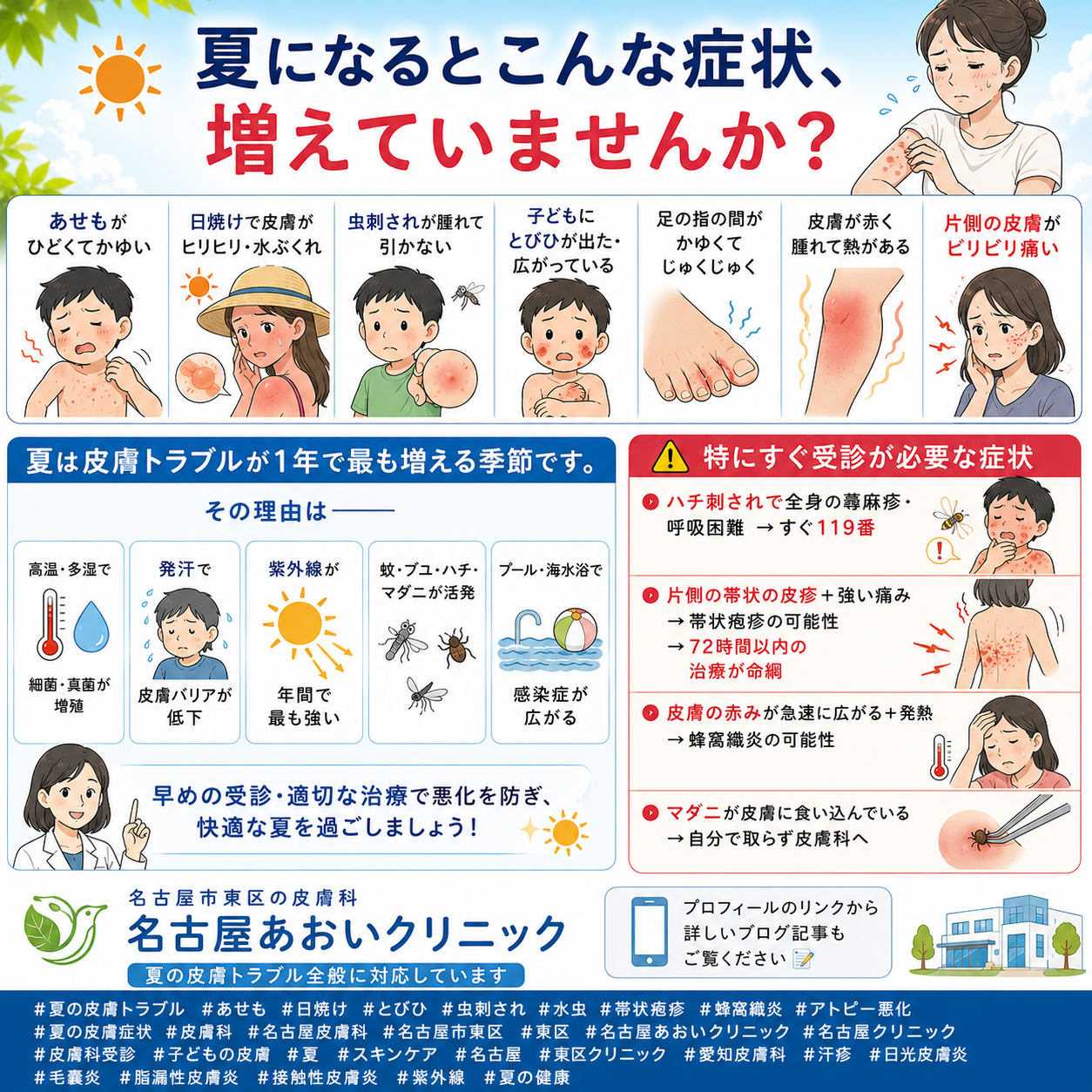 夏に起こりやすい皮膚症状とは？原因・症状・治療・予防を名古屋あおいクリニック（名古屋市東区・皮膚科）が詳しく解説
