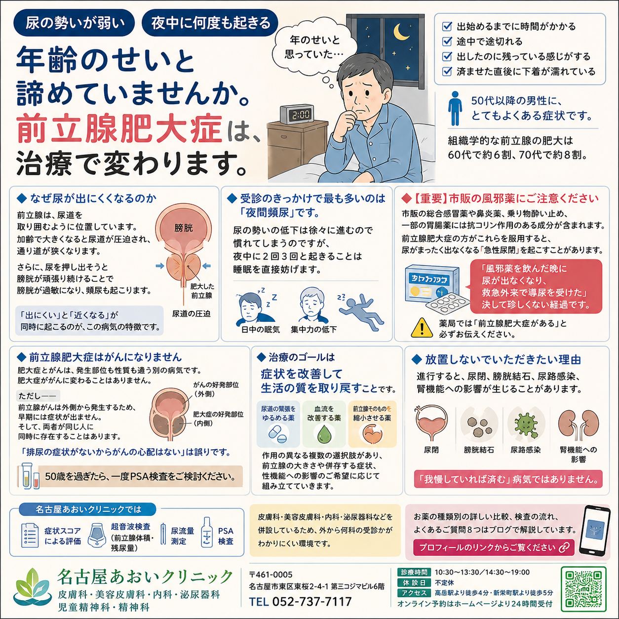 前立腺肥大症——「尿の勢いが弱い」「夜中に何度も起きる」の原因・検査・治療薬の違いを名古屋あおいクリニック（名古屋市東区・泌尿器科）が詳しく解説