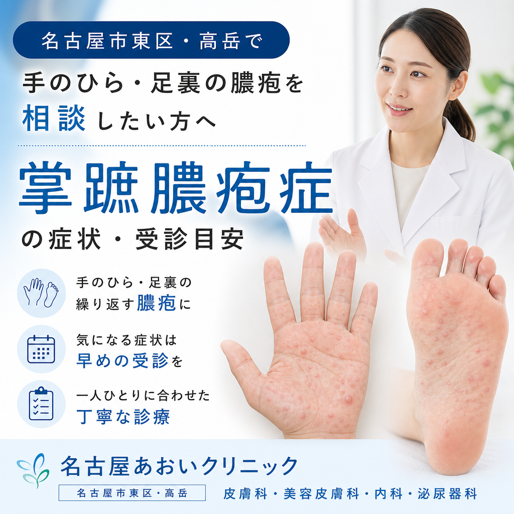 名古屋市東区・高岳で手のひら・足裏の膿疱を相談したい方へ｜掌蹠膿疱症の症状・受診目安