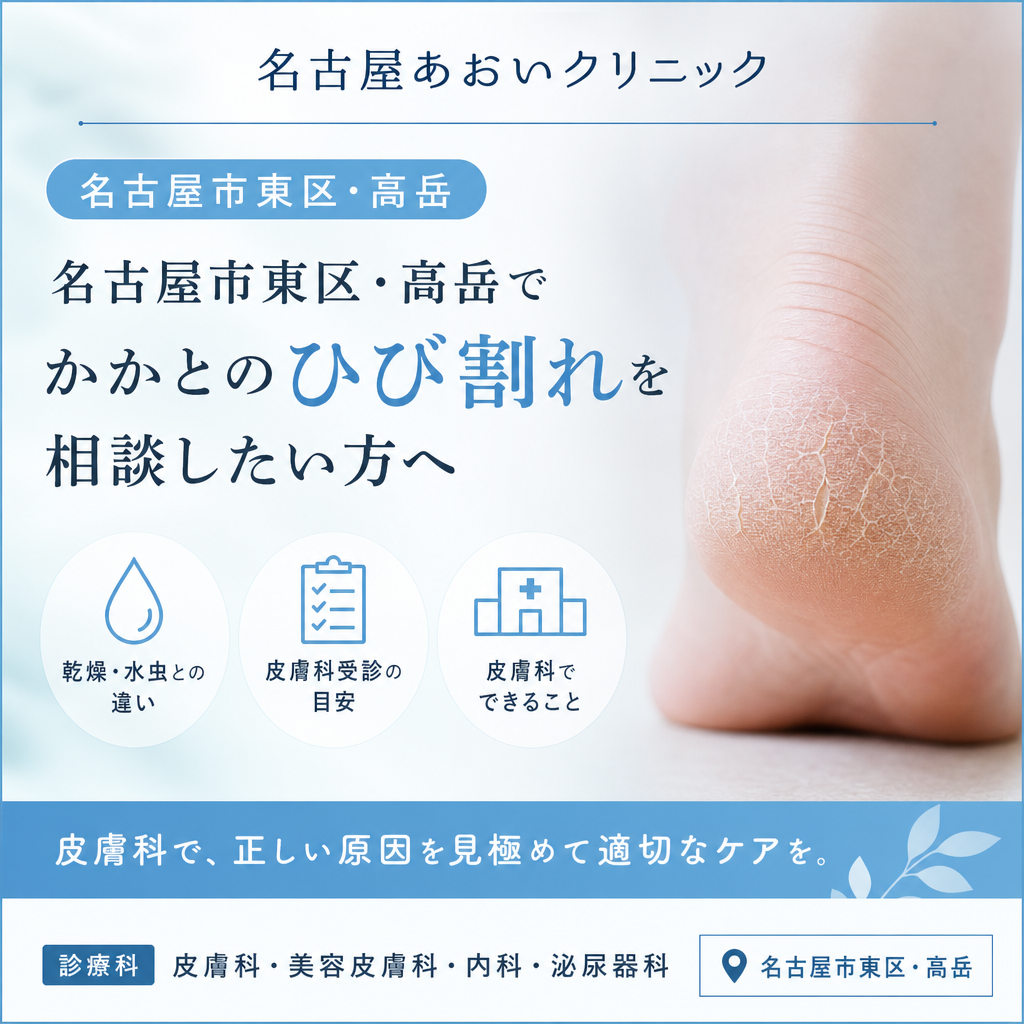 名古屋市東区・高岳でかかとのひび割れを相談したい方へ｜乾燥・水虫との違い・皮膚科受診の目安