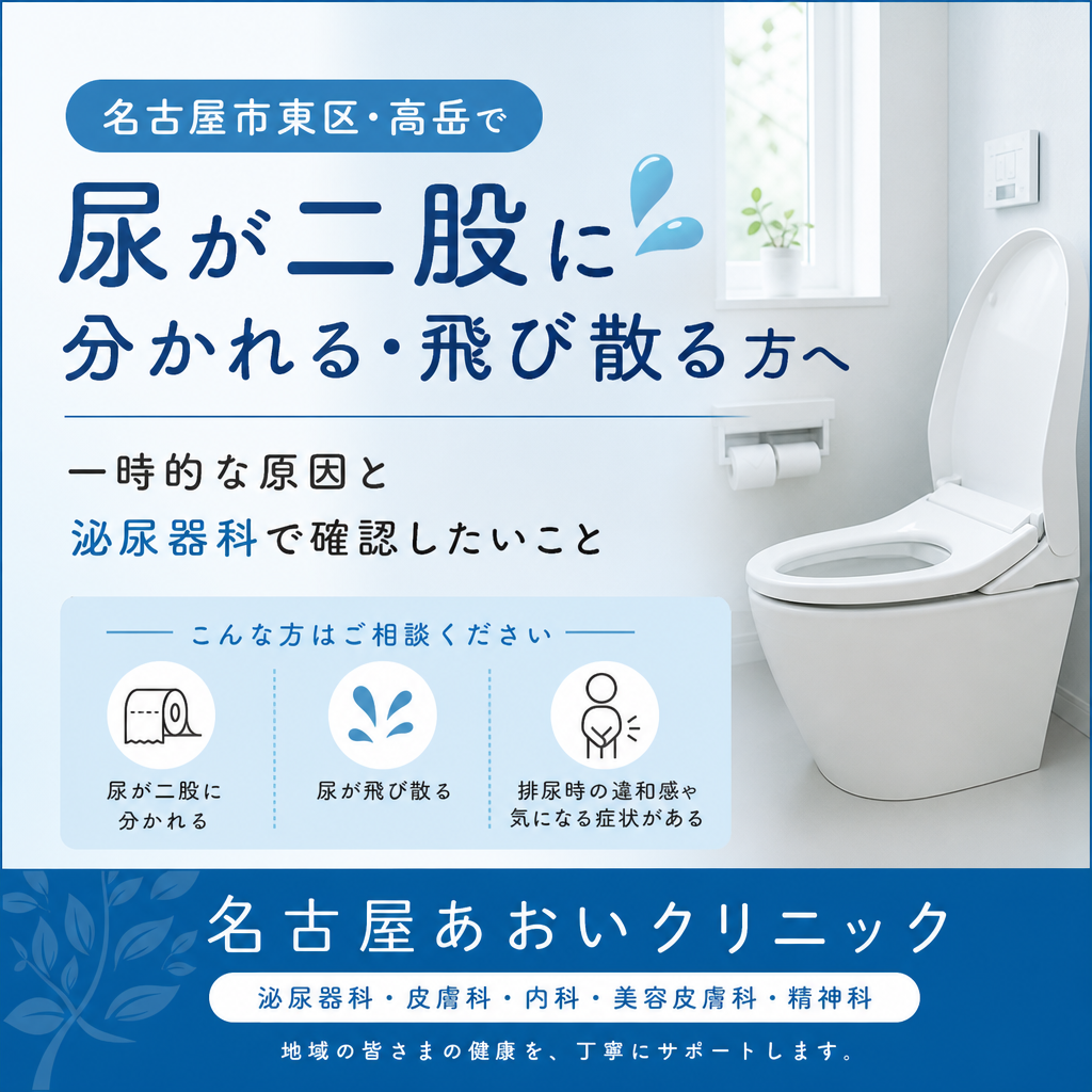 名古屋市東区・高岳で尿が二股に分かれる・飛び散る方へ｜一時的な原因と泌尿器科で確認したいこと