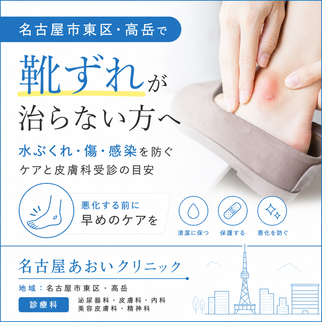 名古屋市東区・高岳で靴ずれが治らない方へ｜水ぶくれ・傷・感染を防ぐケアと皮膚科受診の目安